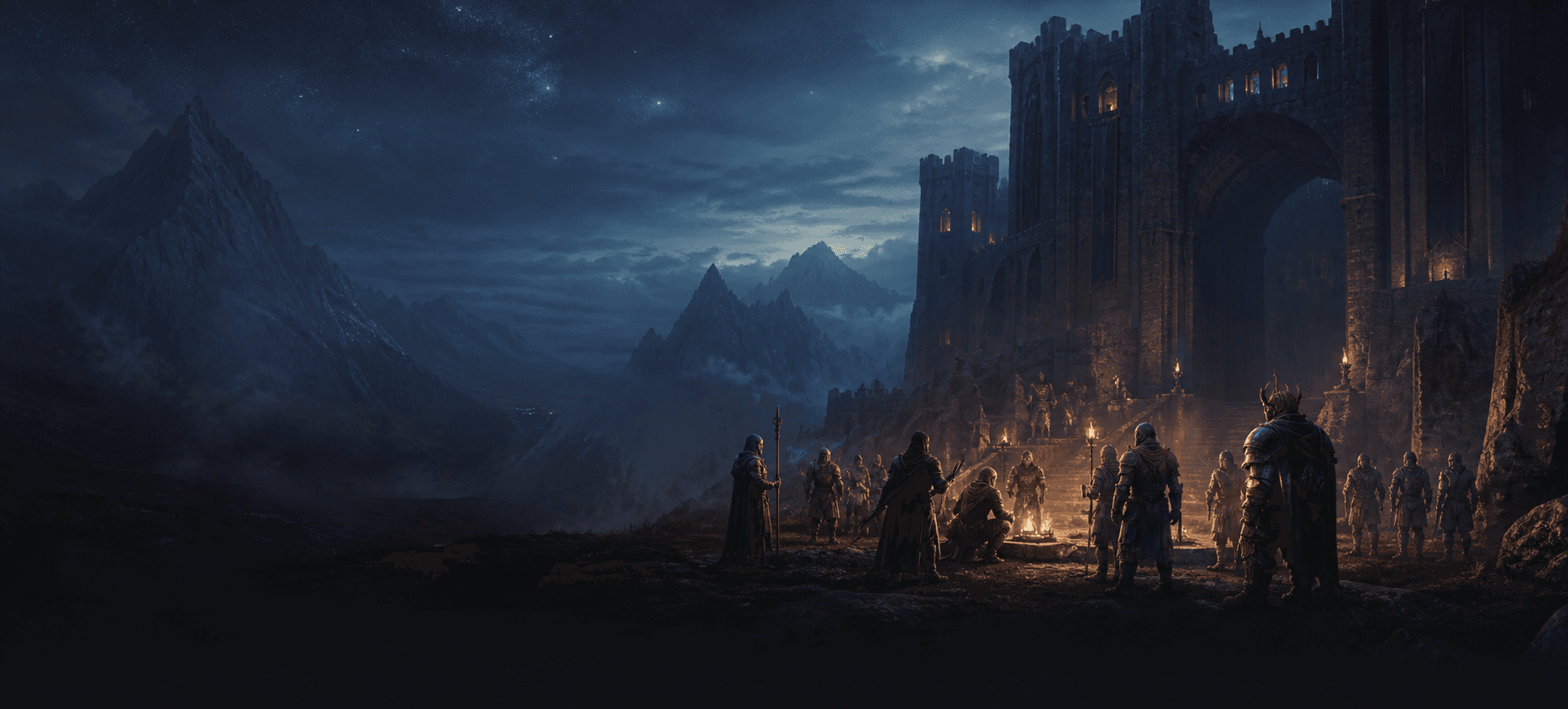 A fantasy raid party gathering by torchlight outside a mountain fortress