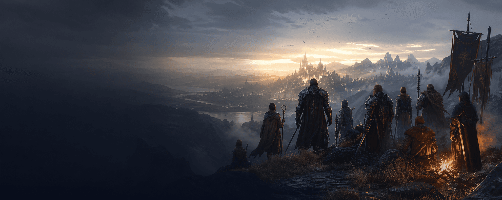 A fantasy adventuring party overlooking a distant city at dawn