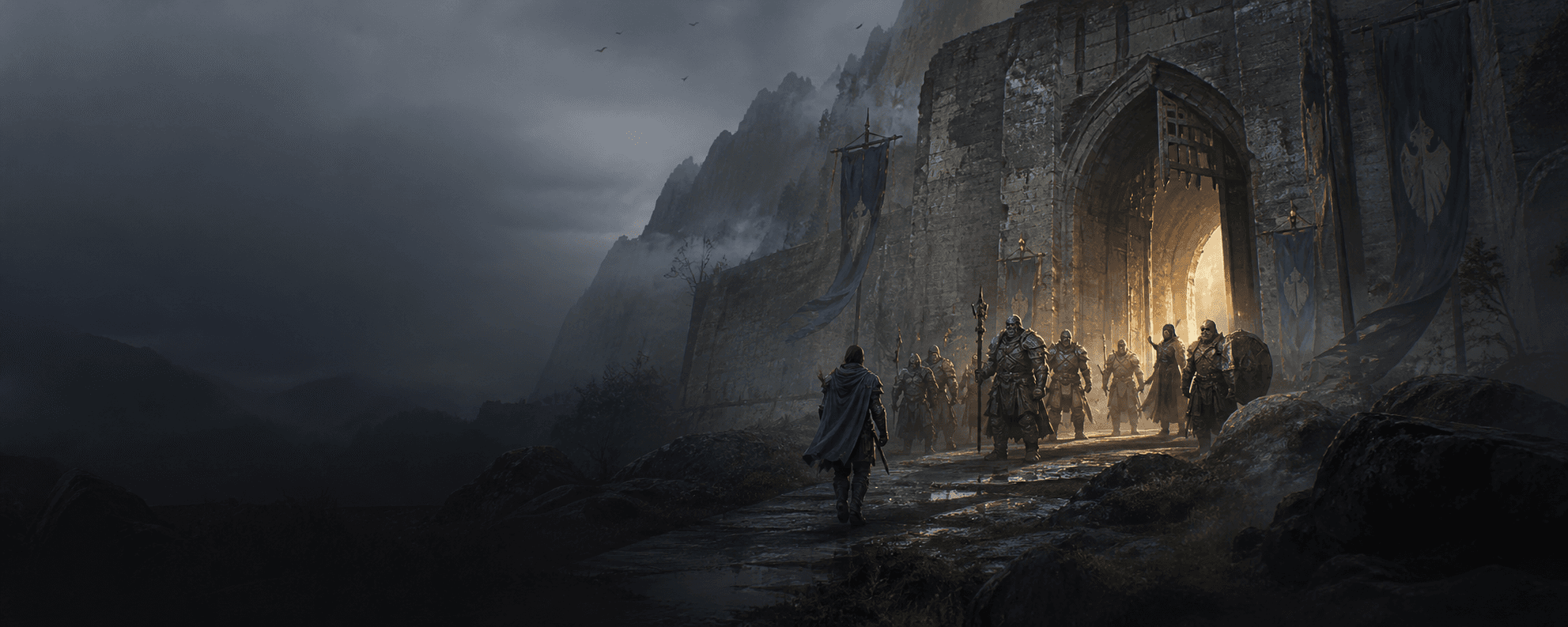 An adventurer approaching a raid party at the gates of a mountain stronghold