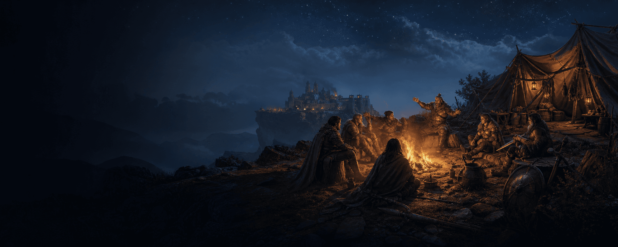 Fantasy adventurers sharing stories around a campfire beneath a night sky